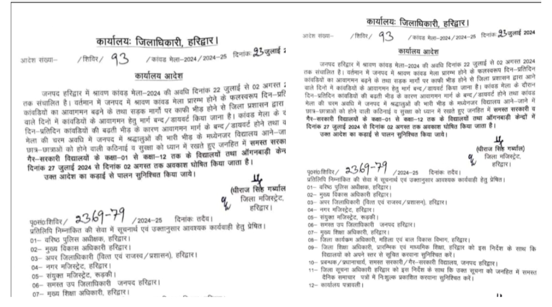 उत्तराखंड : हरिद्वार जिले में रहेंगे 27 जुलाई से 02