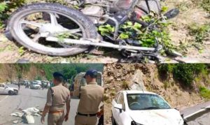 कार की टक्कर से बाइक के उड़े परखच्चे, दंपति की