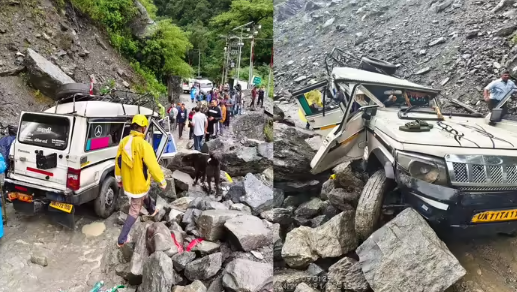 गौरीकुंड के पास गाड़ी पर गिरे पहाड़ी पत्थर, केदारनाथ जा