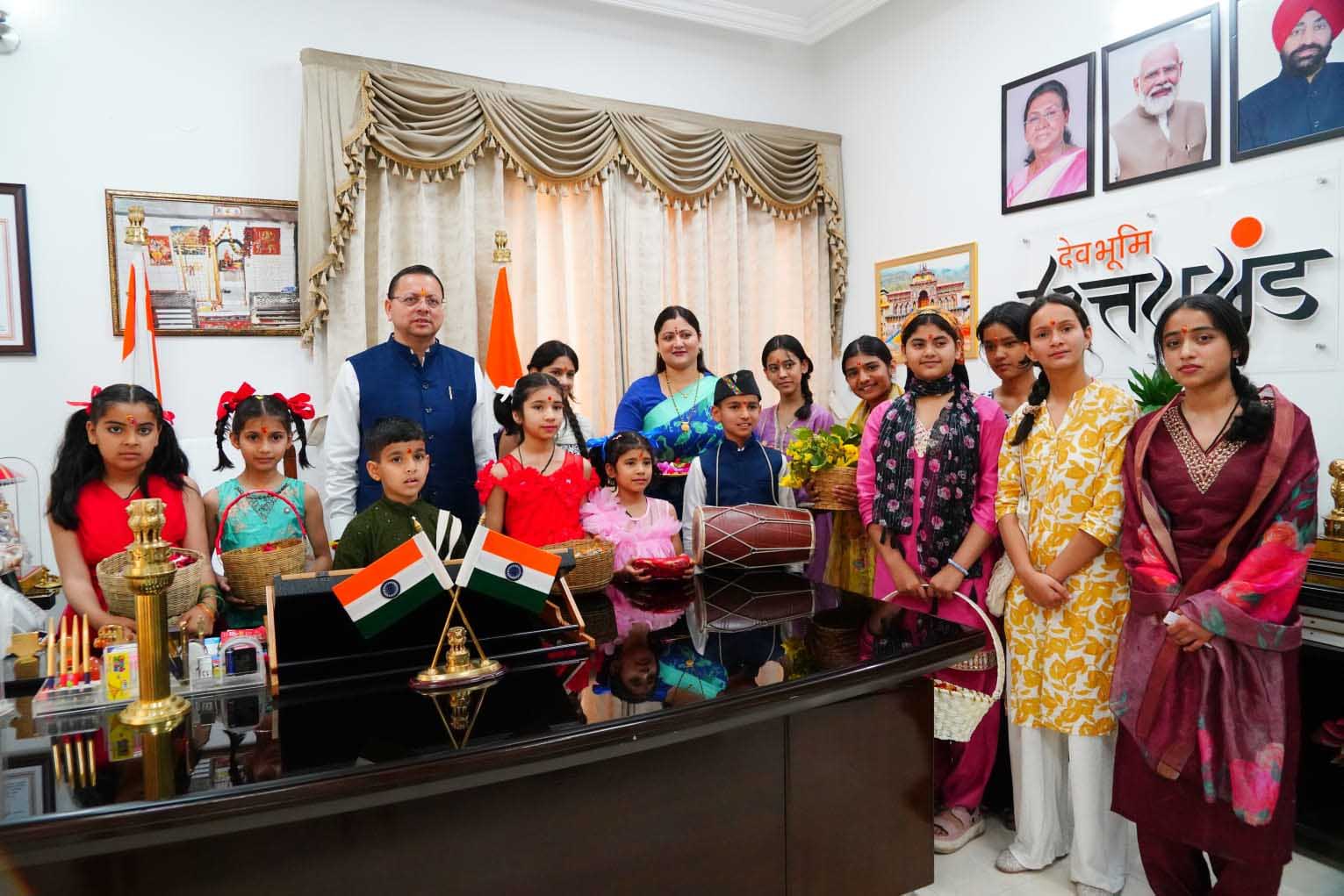 CM Dhami celebrates folk festival Phool Dei with children at