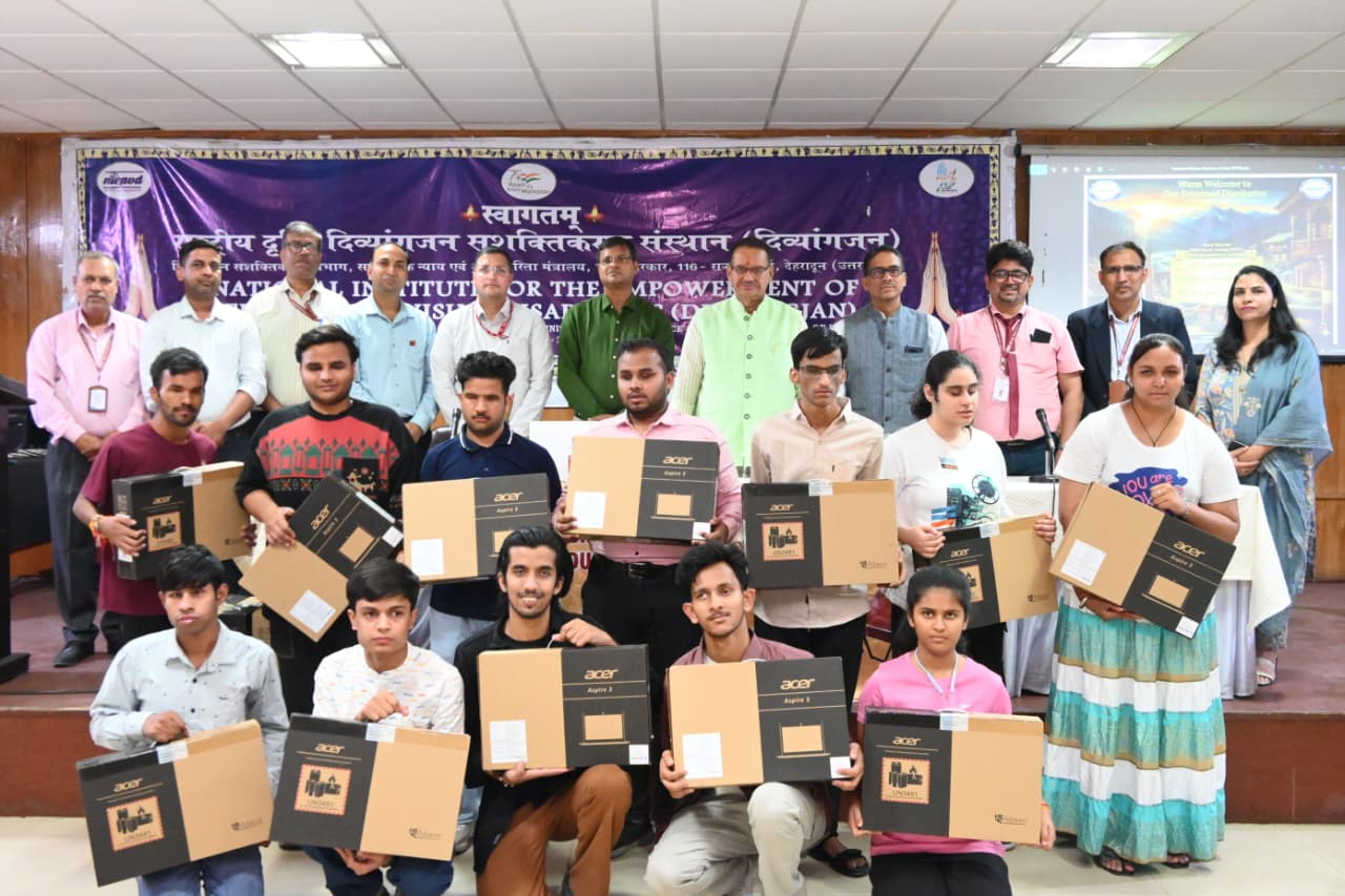 Minister Ganesh Joshi distributes laptops to Visually Impaired Students at