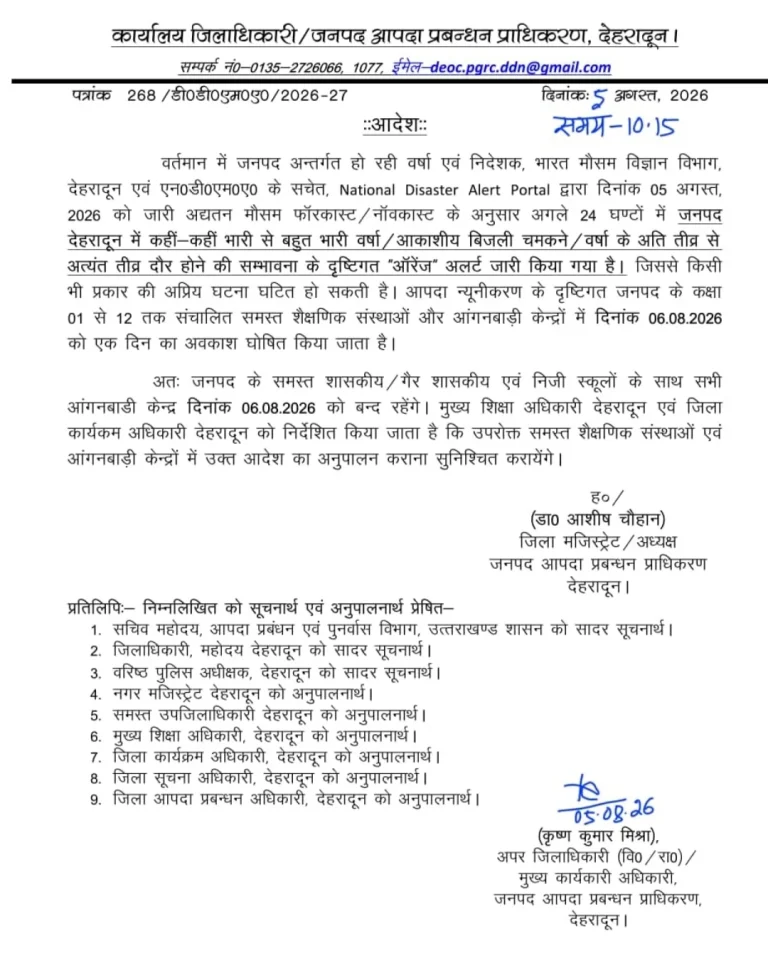 ऑरेंज अलर्ट के चलते देहरादून में कल स्कूल बंद, प्रशासन