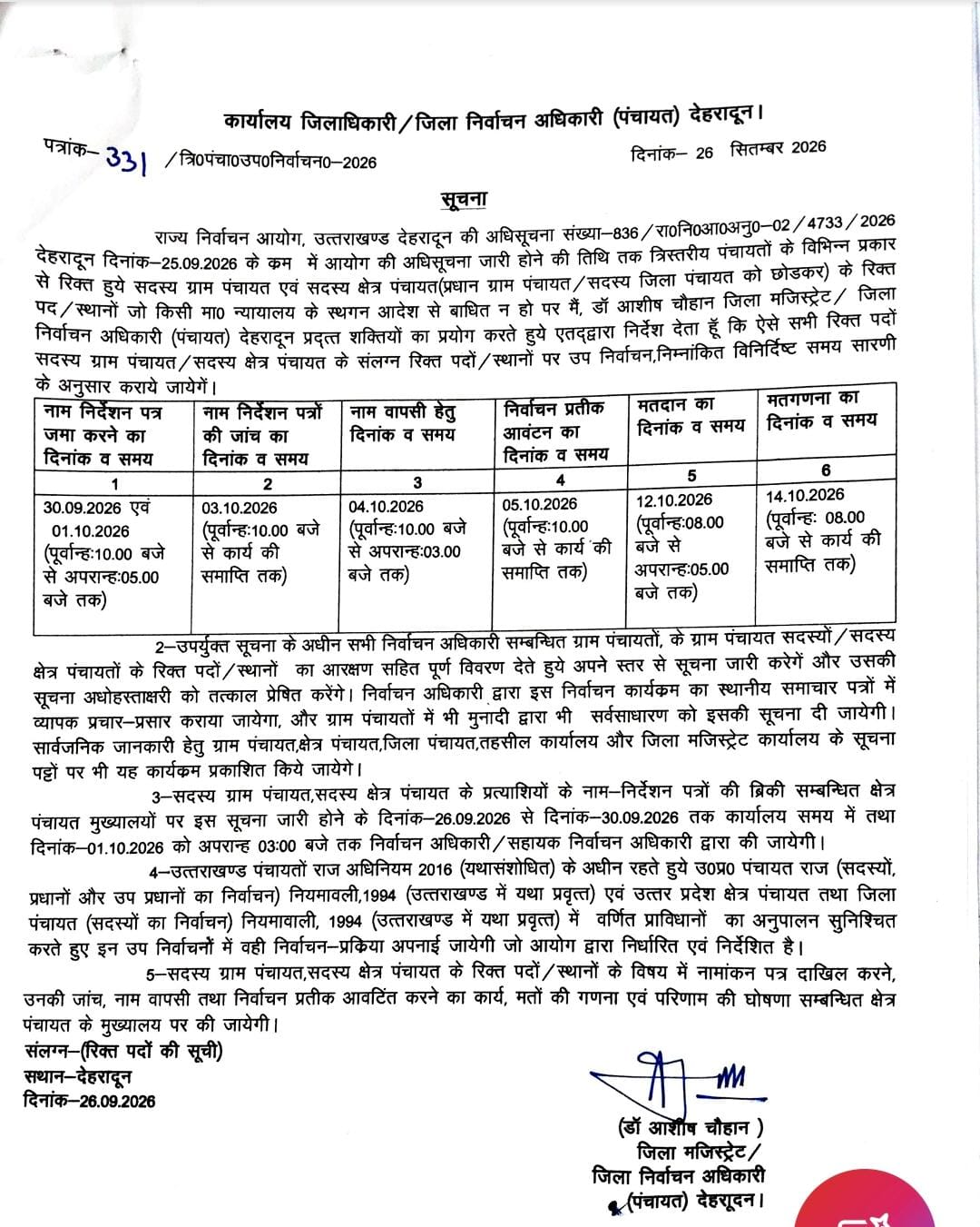 देहरादून में पंचायत उपचुनाव का कार्यक्रम घोषित, 30 सितंबर से भरे जाएंगे नामांकन पत्र